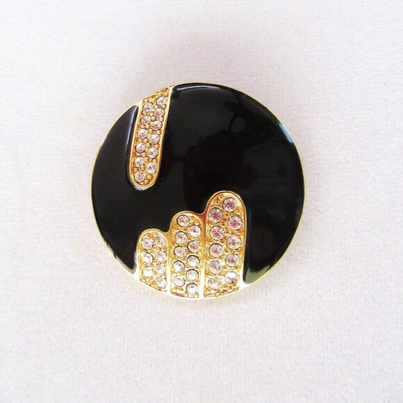 Vintage MONET round black enamel brooch with rhinestones - Art Deco Revival - Picture 3 of 5